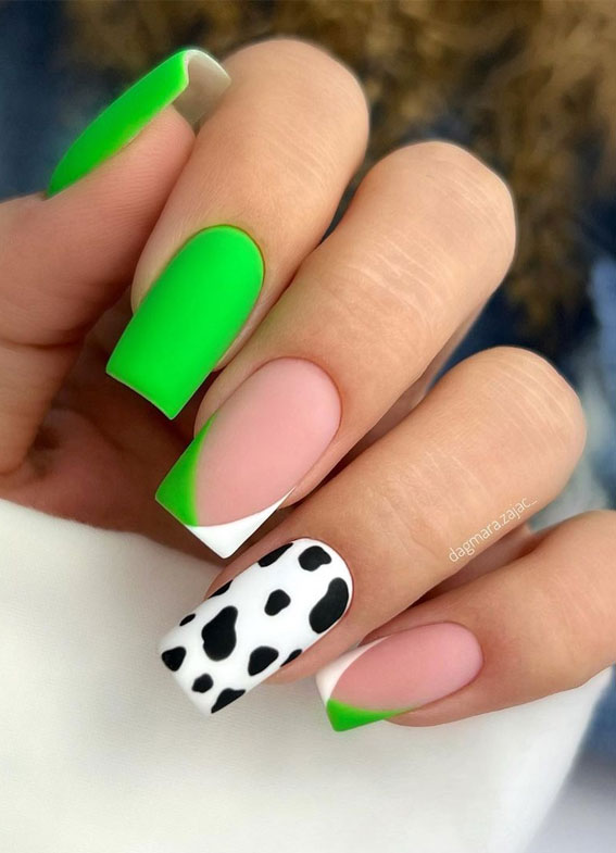 30 Light up Your Nails with Electric Energy for Summer : Cow Print & Neon Green Nails