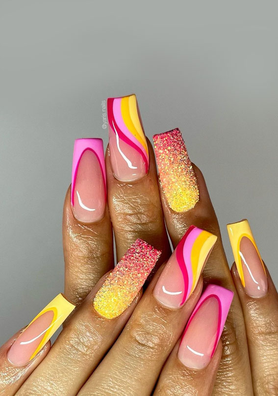 30 Light up Your Nails with Electric Energy for Summer : Bright Pink & Yellow Combo
