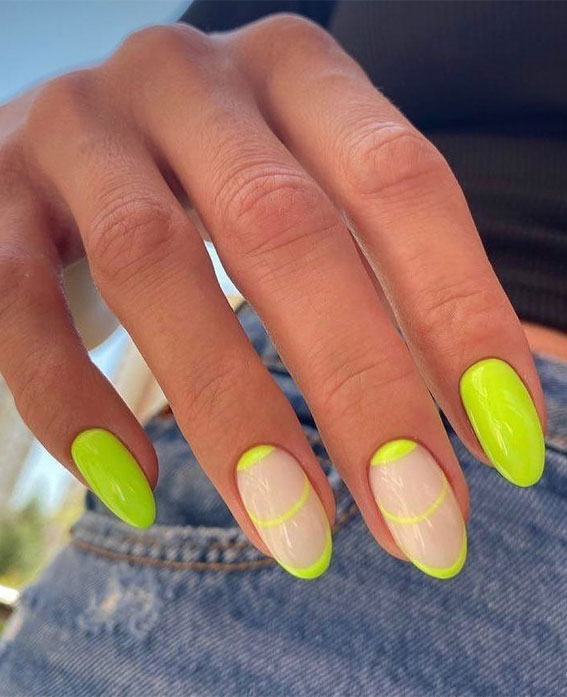 30 Light up Your Nails with Electric Energy for Summer : Double French Neon Green Nails