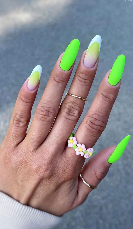 30 Light up Your Nails with Electric Energy for Summer : Neon Green & White French Tips