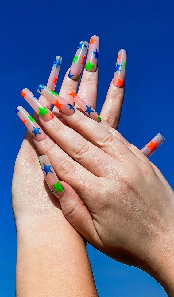 30 Light up Your Nails with Electric Energy for Summer : Blue & Orange Stars