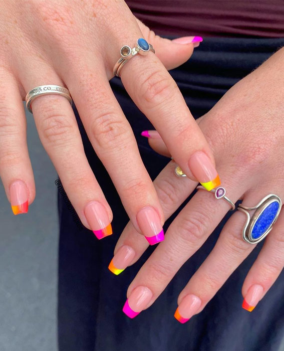 30 Light up Your Nails with Electric Energy for Summer : Neon Ombre French Tips