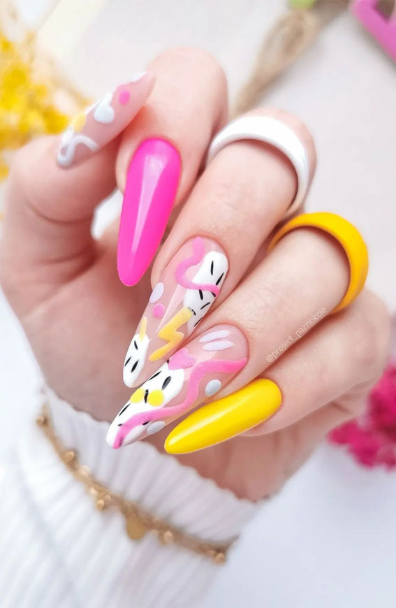 30 Light up Your Nails with Electric Energy for Summer : Pink & Yellow Almond Nails