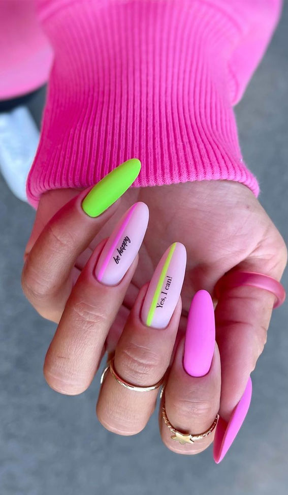 30 Light up Your Nails with Electric Energy for Summer  Neon Green  Pink  Almond Nails