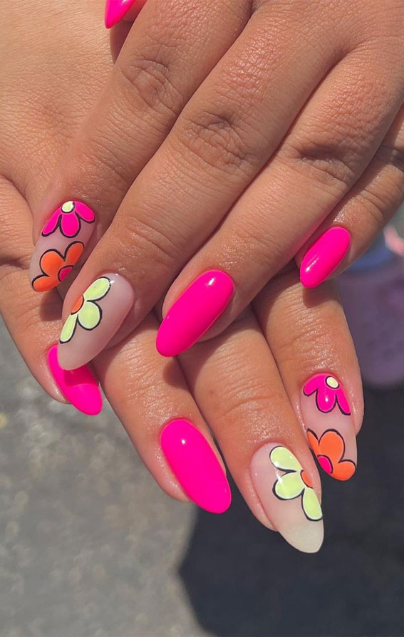 30 Light up Your Nails with Electric Energy for Summer : Neon Pink & Orange Nails with Floral