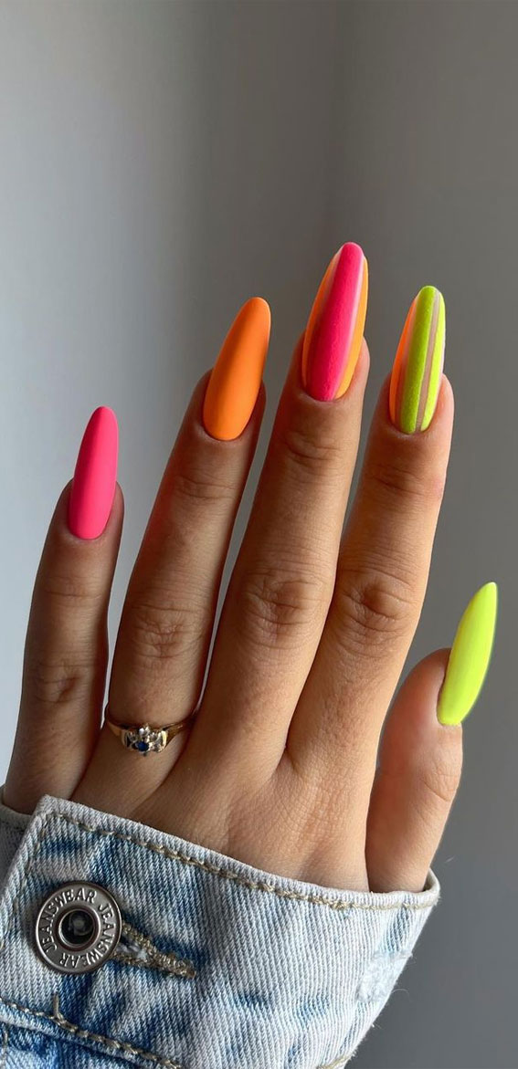 30 Light up Your Nails with Electric Energy for Summer : Mix n Match Neon Colour Almond Nails