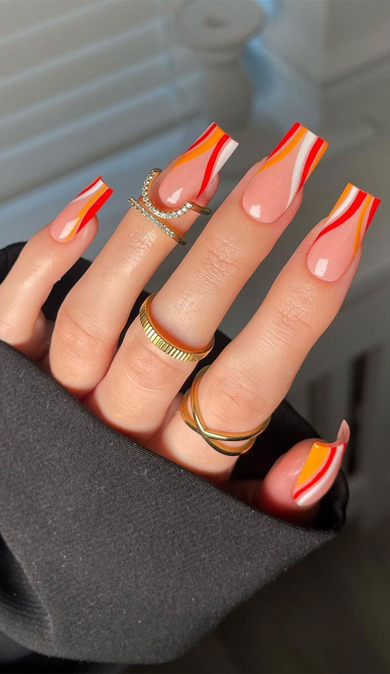 30 Light up Your Nails with Electric Energy for Summer : Orange & Red Swirl Nails