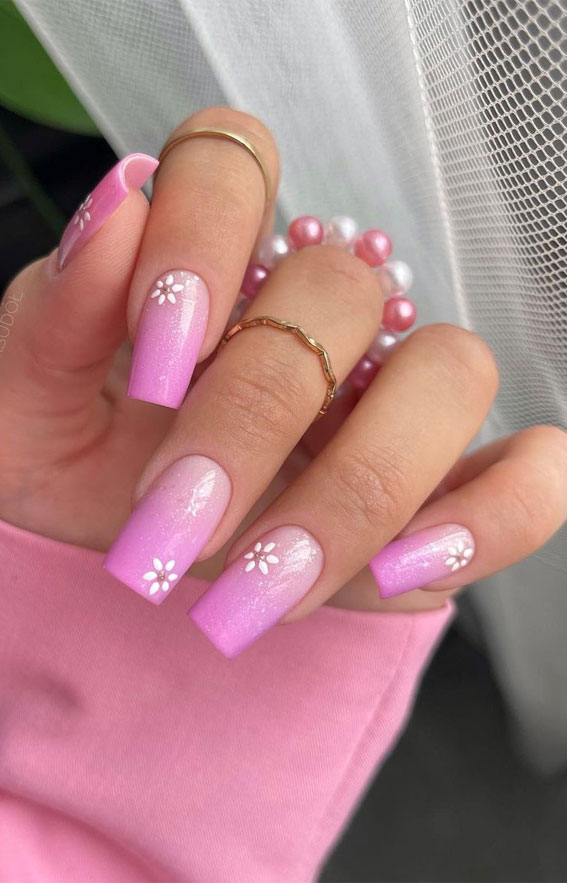 Embrace the Warmth with Radiant Summer Nails : Shimmery Ombre Pink + Flower
