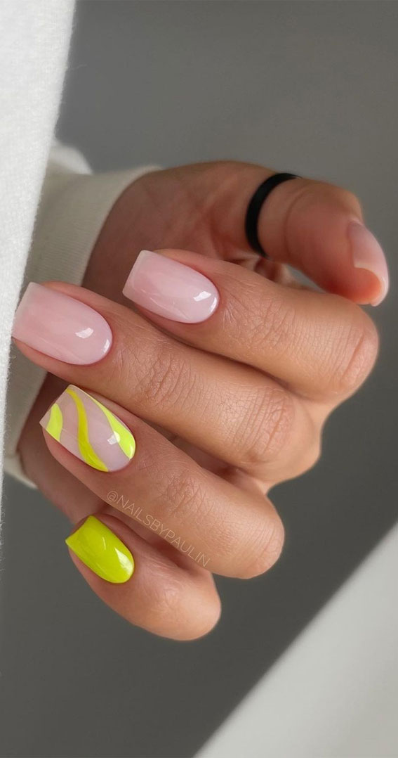 Embrace the Warmth with Radiant Summer Nails : Neon Green Swirl Short Nails