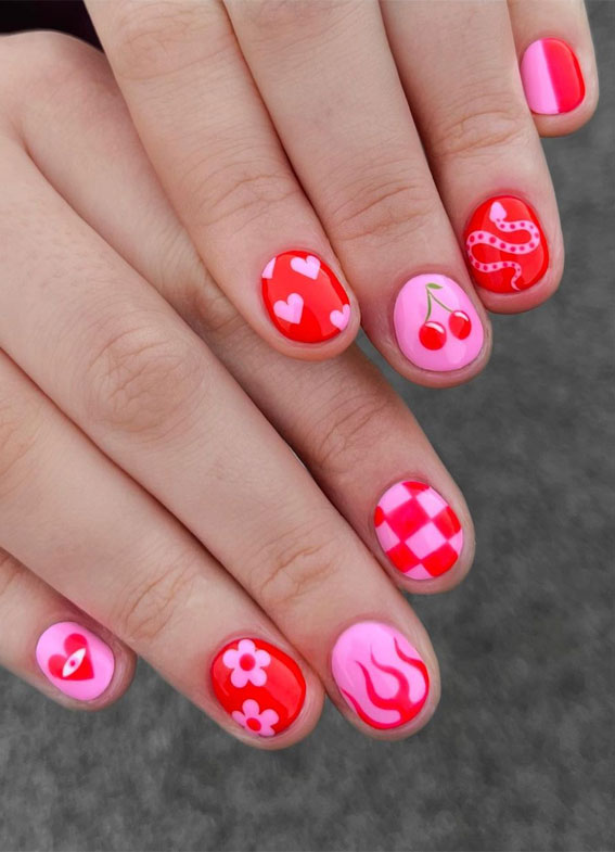 Embrace the Warmth with Radiant Summer Nails : Pink & Red Short Pick n Mix Nails