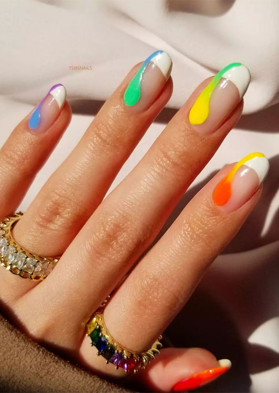 Embrace the Warmth with Radiant Summer Nails : Vibrant Gradient Side Swirl + White Tips