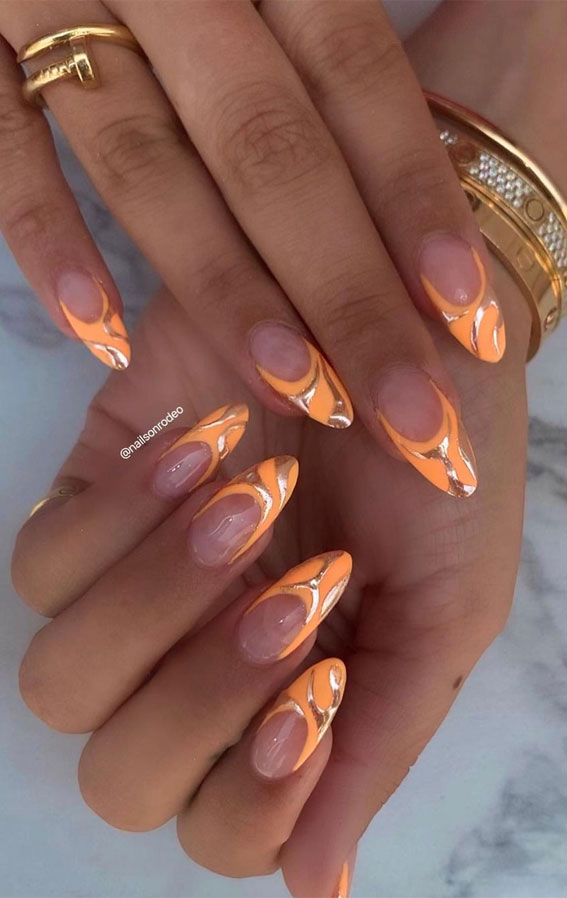 Embrace the Warmth with Radiant Summer Nails : Gold Chrome Swirl Orange Tips