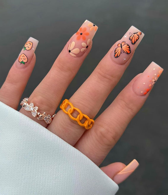 Embrace the Warmth with Radiant Summer Nails : Orange Butterfly & Flower Nails