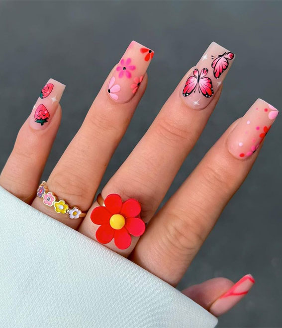 Embrace the Warmth with Radiant Summer Nails : Pink Strawberry, Butterfly & Flowers