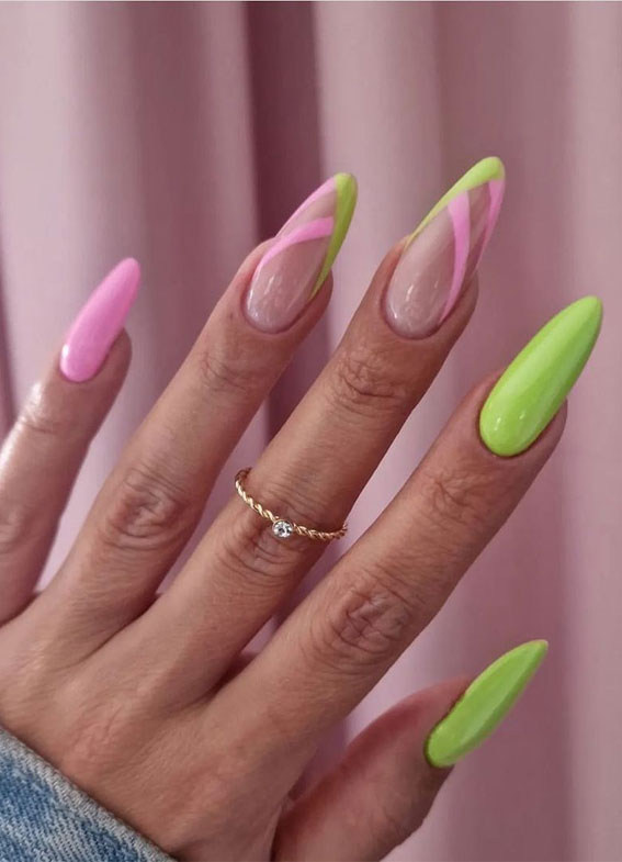 30 Light up Your Nails with Electric Energy for Summer : Neon Green & Pink Nails