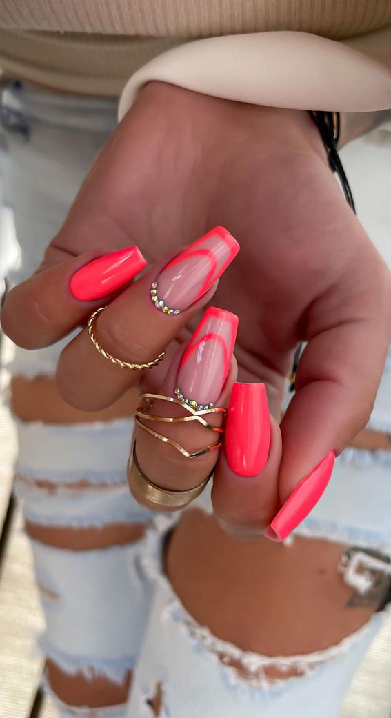 30 Light up Your Nails with Electric Energy for Summer : Double French Coral Nails