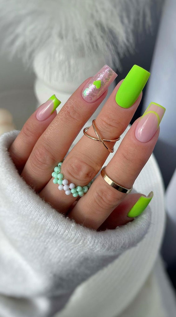 30 Light up Your Nails with Electric Energy for Summer : Neon Green & Glitter Nails