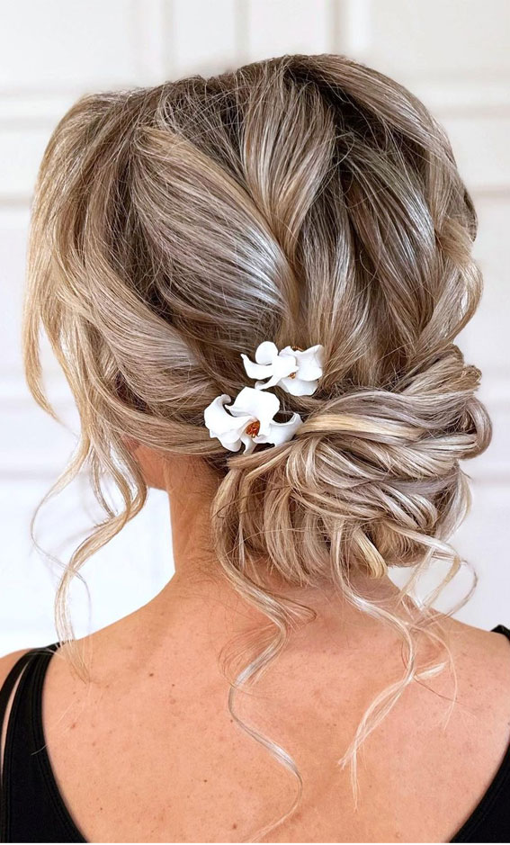 50+ Classic Wedding Hairstyles That Never Go Out of Style : Textured Updo with White Flowers