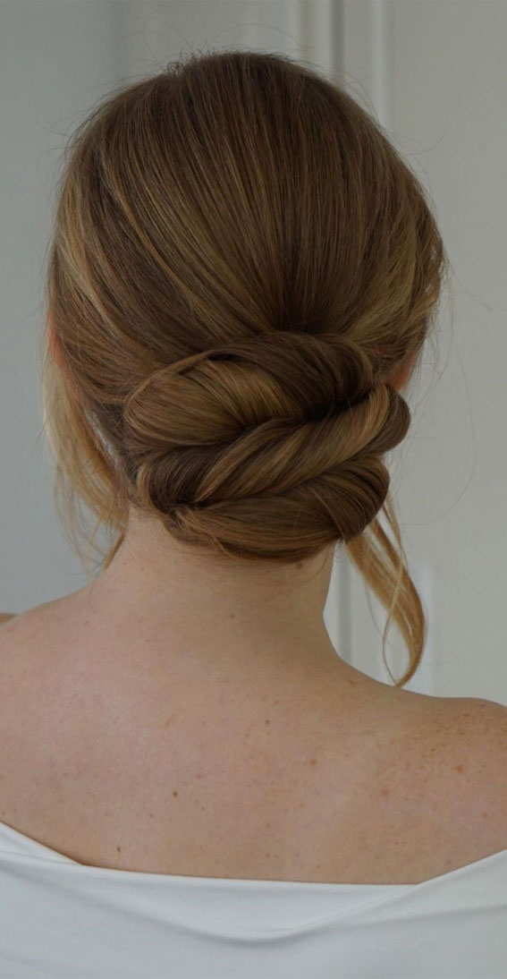 50+ Classic Wedding Hairstyles That Never Go Out of Style : Twist + Low Bun + Dark Brown Hair