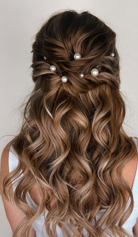50+ Classic Wedding Hairstyles That Never Go Out of Style : Soft Wave Half Up with Pearls