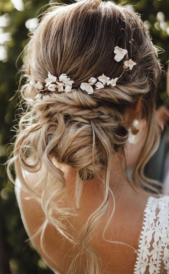 50+ Classic Wedding Hairstyles That Never Go Out of Style : Braid + Textured Boho Low Bun