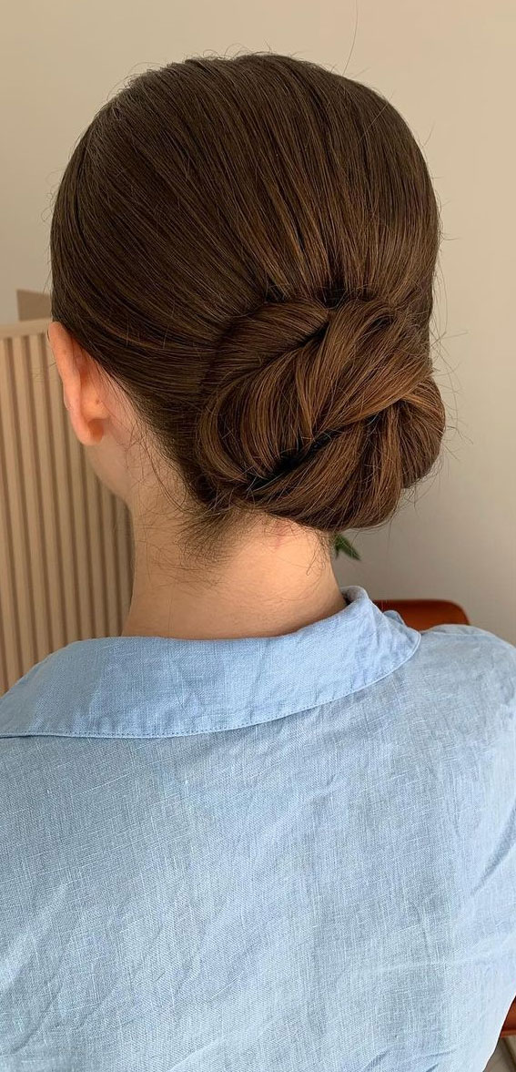 50+ Classic Wedding Hairstyles That Never Go Out of Style : Dark Caramel Low Bun