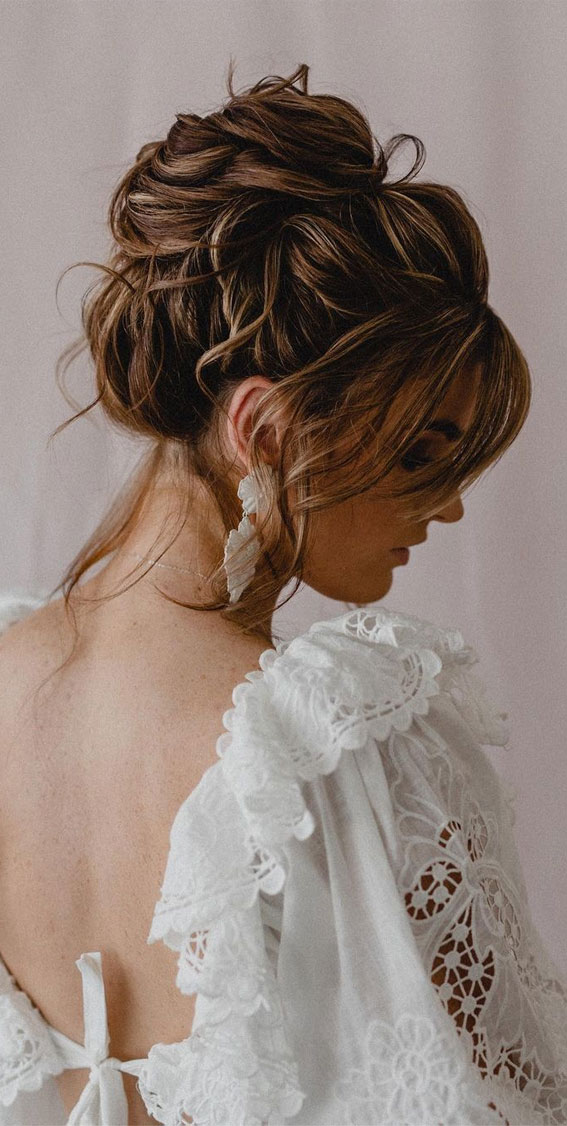 50+ Classic Wedding Hairstyles That Never Go Out of Style : Brunette Textured Messy Updo