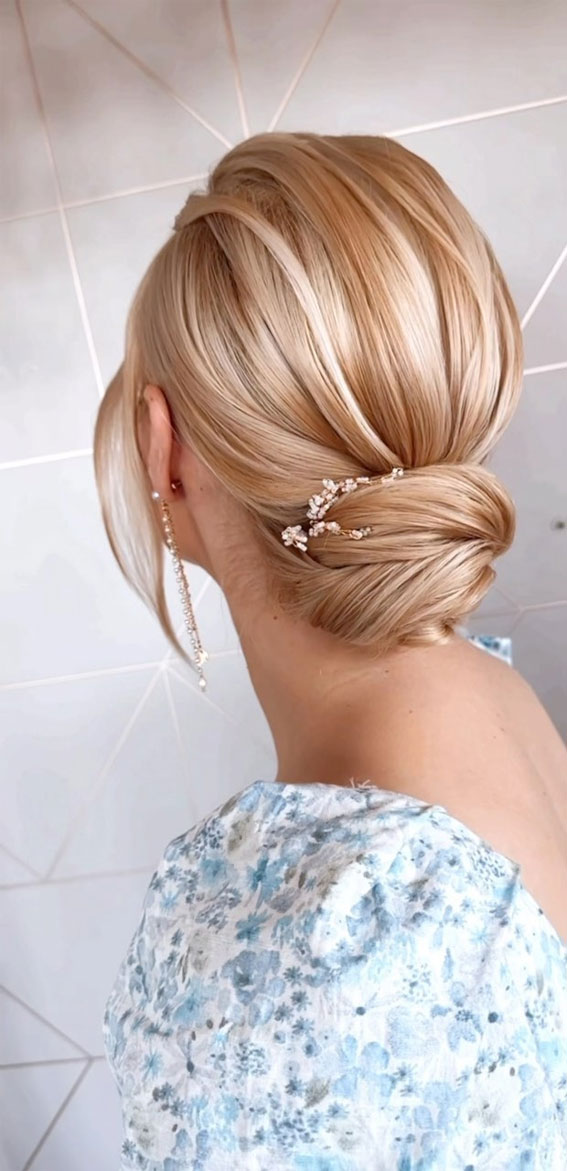 50+ Classic Wedding Hairstyles That Never Go Out of Style : Golden Blonde Low Bun