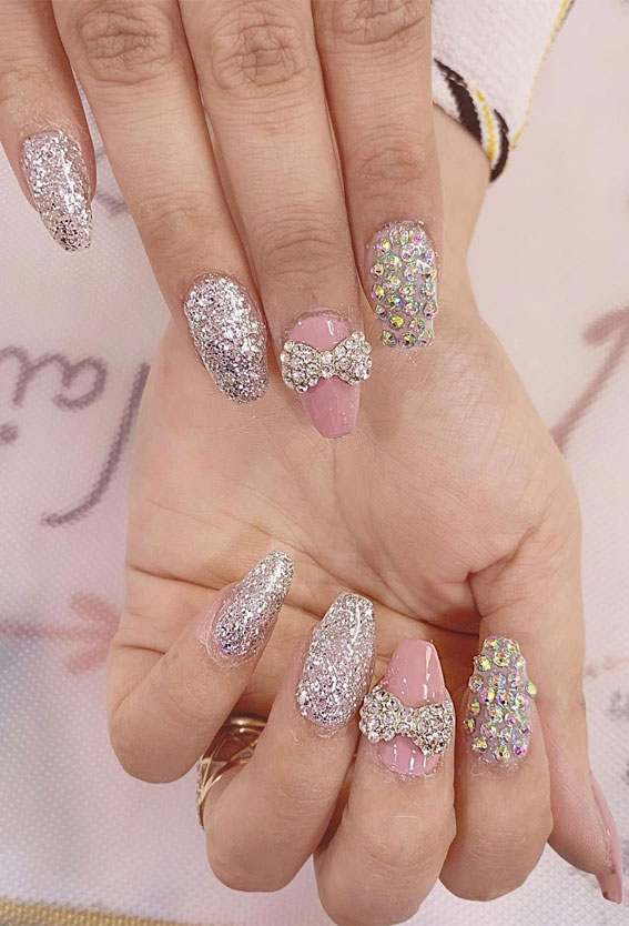 22 Gorgeous Bridal Nail Ideas for Your Big Day : Glittery & Rhinestone Bow Nails