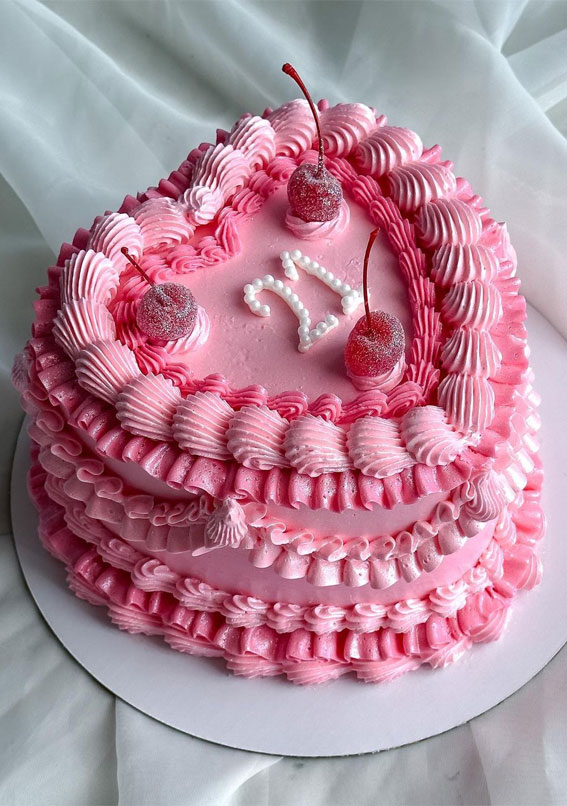 47 Buttercream Cake Ideas for Every Celebration : Pink Heart Shape Cake for 21st Birthday