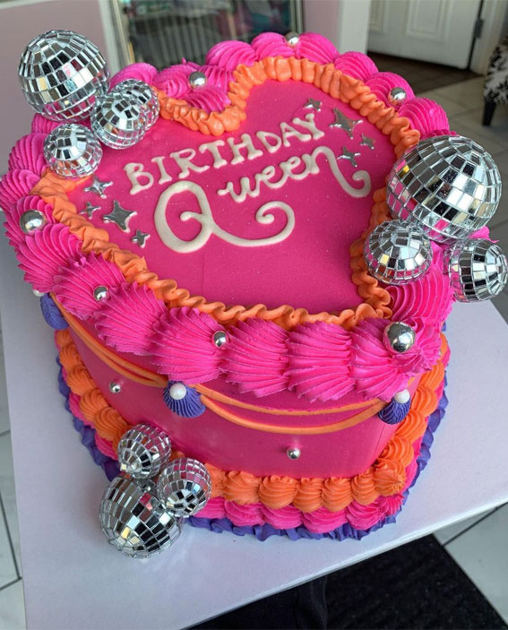 47 Buttercream Cake Ideas for Every Celebration : Disco Balls on Hot Pink Groovy Cake