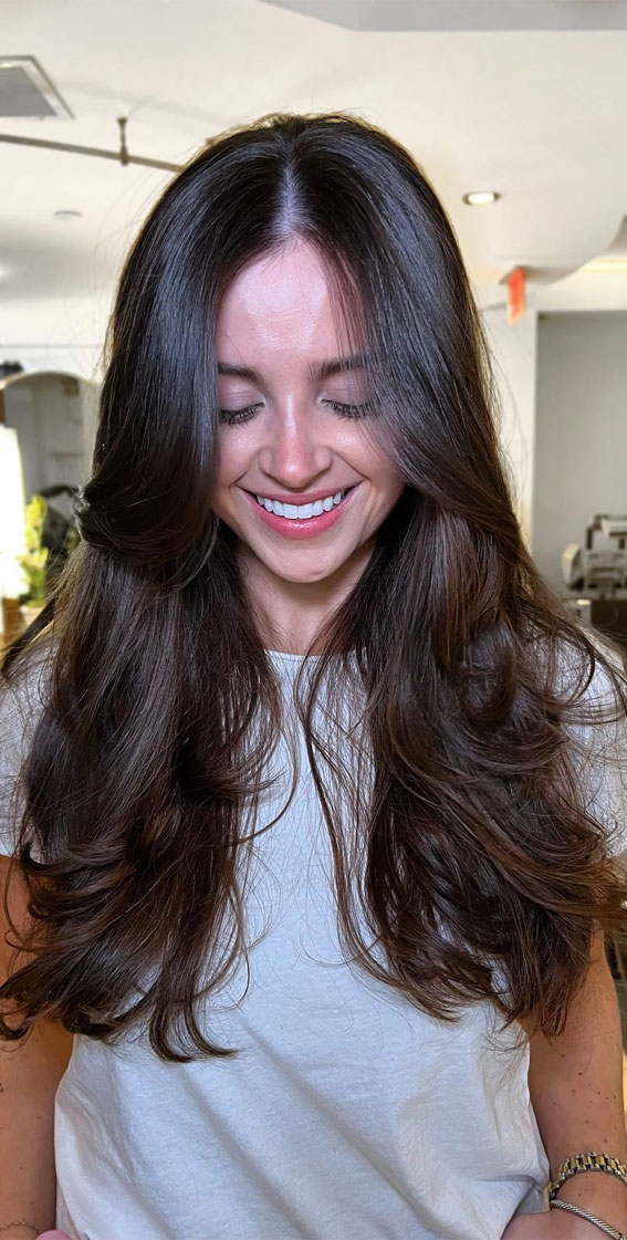 40 Long Layered Haircuts To Try Right Now : Long layers with the trendy curtain bangs