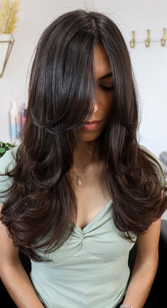 40 Long Layered Haircuts To Try Right Now : Layers with volume and side bangs