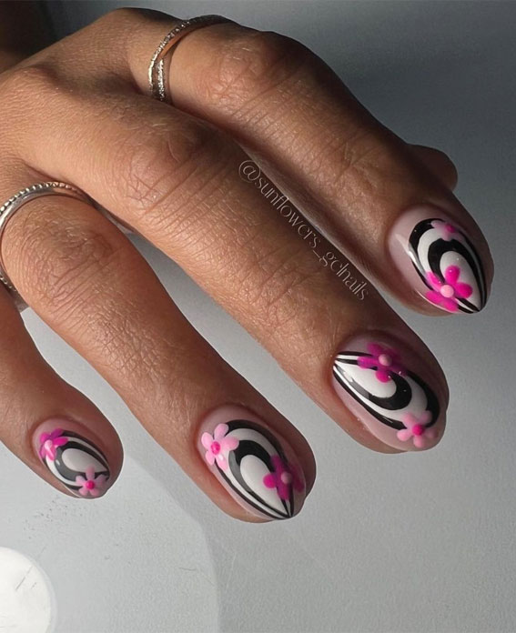 50 Rock Your Style with Trendy Nail Designs : Black n White & Bright Pink Flower Nails
