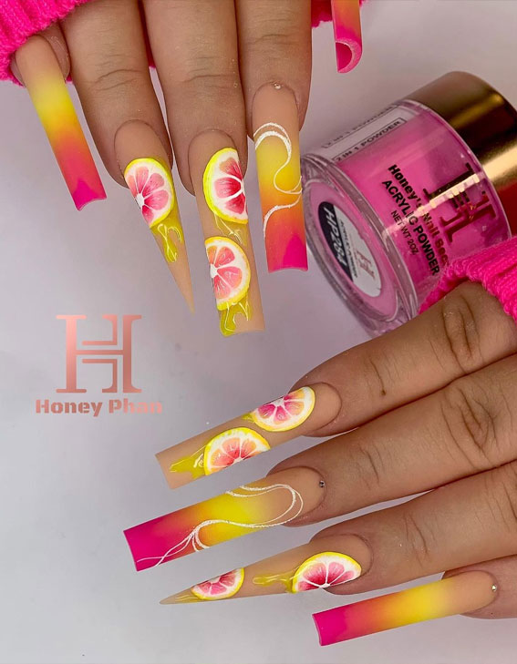 50 Rock Your Style with Trendy Nail Designs : Citrus Ombre Pink & Yellow Nails