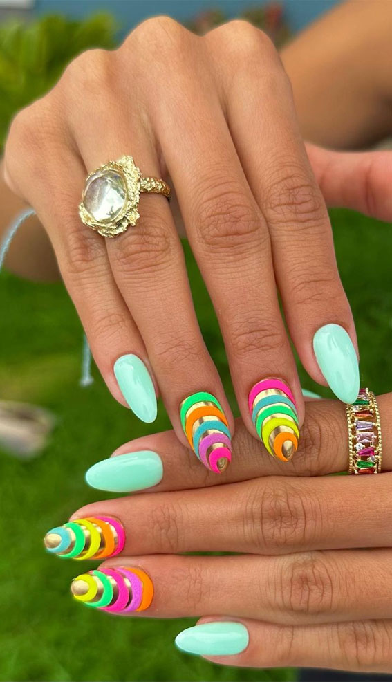 50 Rock Your Style with Trendy Nail Designs : Mint Green & Rainbow Nails