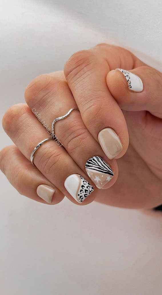 50 Rock Your Style with Trendy Nail Designs : Neutral Nails with Leopard & Starry