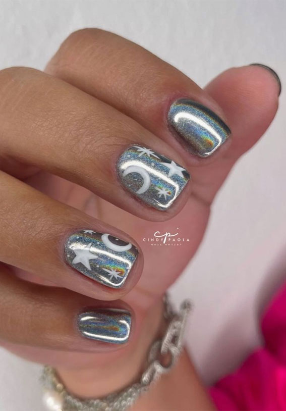 50 Rock Your Style with Trendy Nail Designs : Celestial Chrome Short Nails