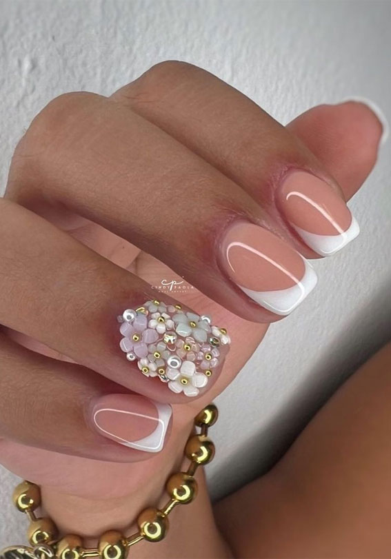50 Rock Your Style with Trendy Nail Designs : White Floral & French Tips