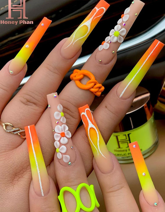 50 Rock Your Style with Trendy Nail Designs : Ombre Orange, Yellow Hot Flame + 3D Flower Nails