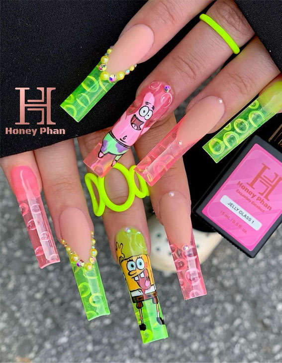 50 Rock Your Style with Trendy Nail Designs : Sponge Bob Jelly Acrylic Nails