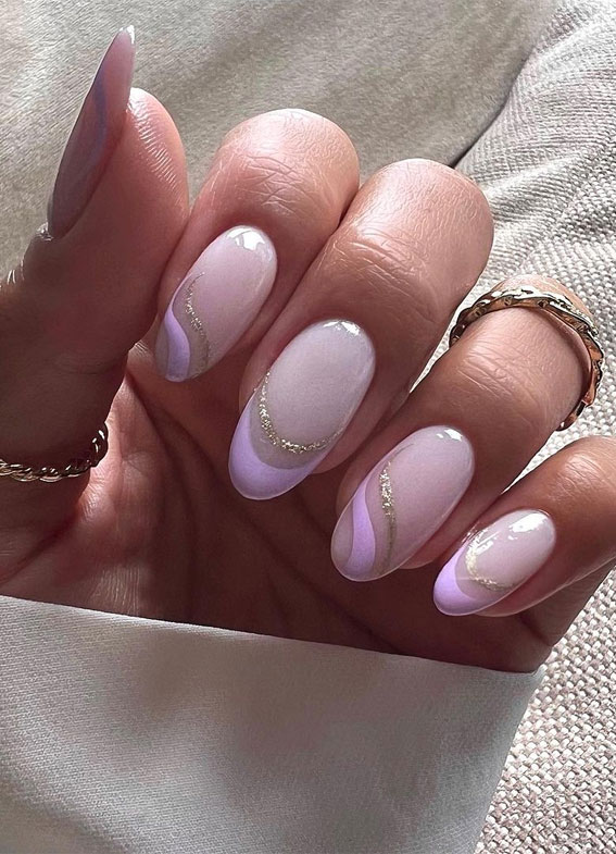 50 Rock Your Style with Trendy Nail Designs : Lilac & Glitter Swirl Nails