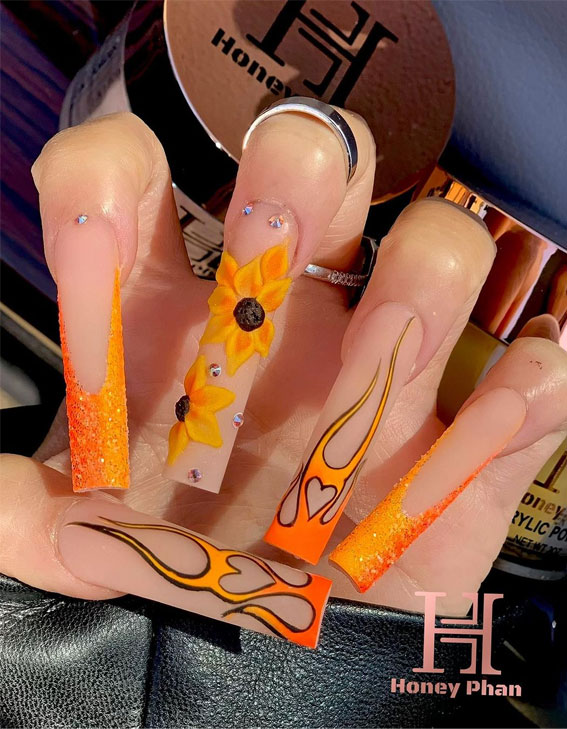 50 Rock Your Style with Trendy Nail Designs : Sunflower Acrylic Long Nails