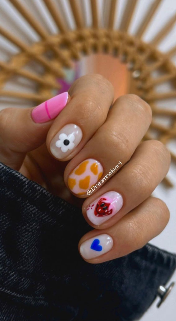 50 Rock Your Style with Trendy Nail Designs : Floral, Cow print, Heart & Strawberry Nails