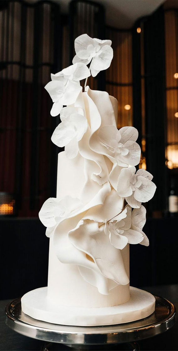 50 Romantic Wedding Cakes Love’s Sweet Symphony : White Drape Cake + Sugar Orchids