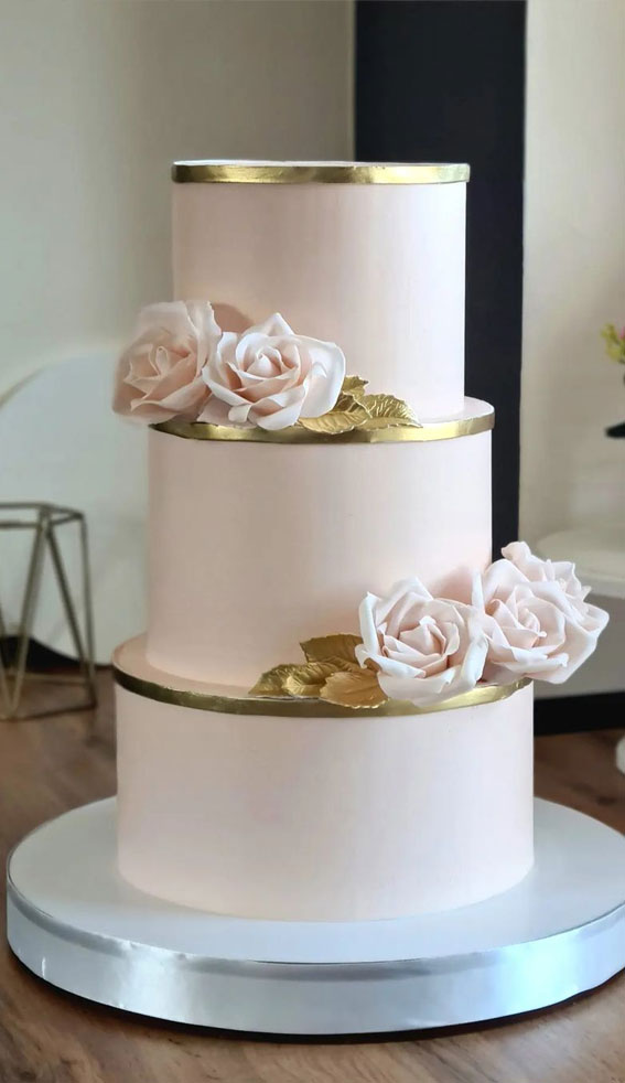 50 Romantic Wedding Cakes Love’s Sweet Symphony : Contemporary Blush Cake with Gold Trims