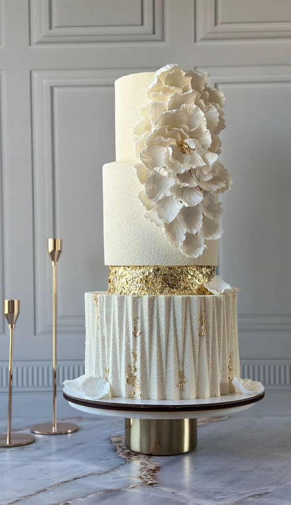 50 Romantic Wedding Cakes Love’s Sweet Symphony : 3 Tier Cake with Ruffle & Gold Details