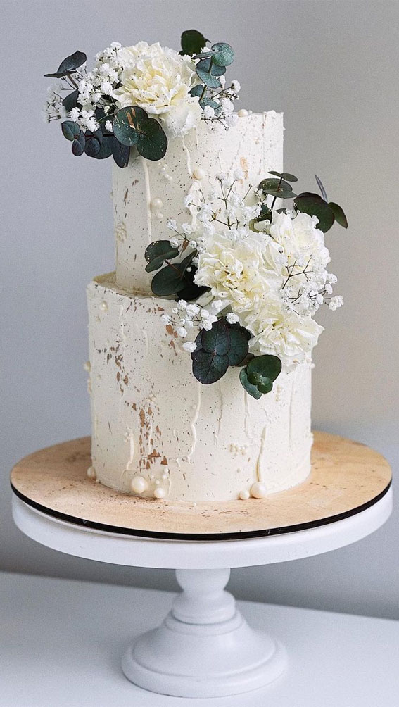 50 Romantic Wedding Cakes Love’s Sweet Symphony : White 2 Tier Cake Adorned with Peonies