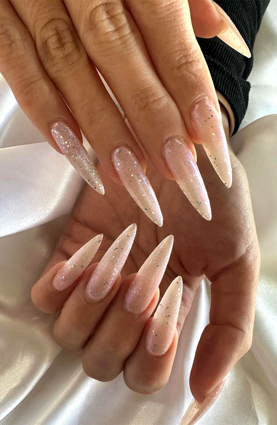 22 Gorgeous Bridal Nail Ideas for Your Big Day : Subtle Shimmery Long Almond Nails