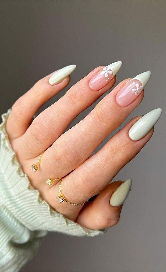 25 Elegant Bliss Captivating Wedding Nail Designs : Light Mint Green with Flowers
